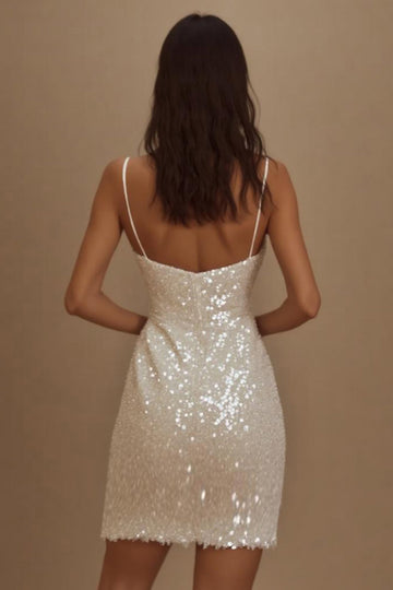 Sparkly White Spaghetti Straps Bodycon Short Graduation Dress